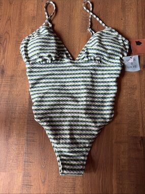 Shade & Shore Green and White Striped One-Piece Swimsuit large 12-14
